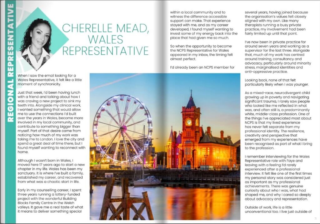 Cherelle Mead, the National Counselling and Psychotherapy Society (NCPS) Representative for Wales, from her featured magazine profile